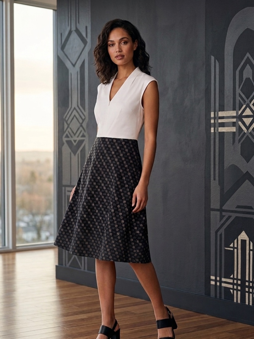 Jennifer Glasgow Two-Tone White Black A-Line Dress-Skirt Sz S